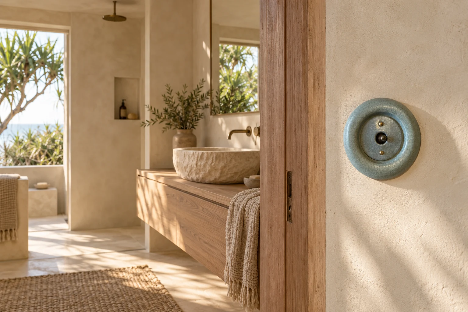A single Gaia ceramic switch on the entrance wall of a limestone bathroom