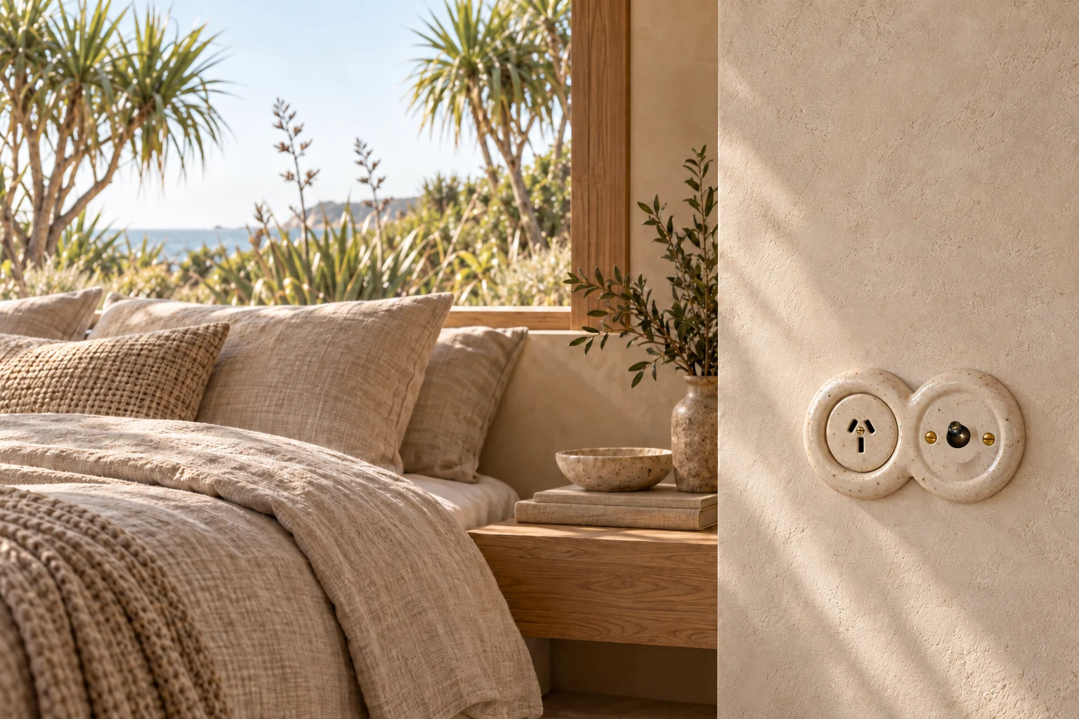 Ivory ceramic switch and socket beside a linen bed in an architectural bedroom