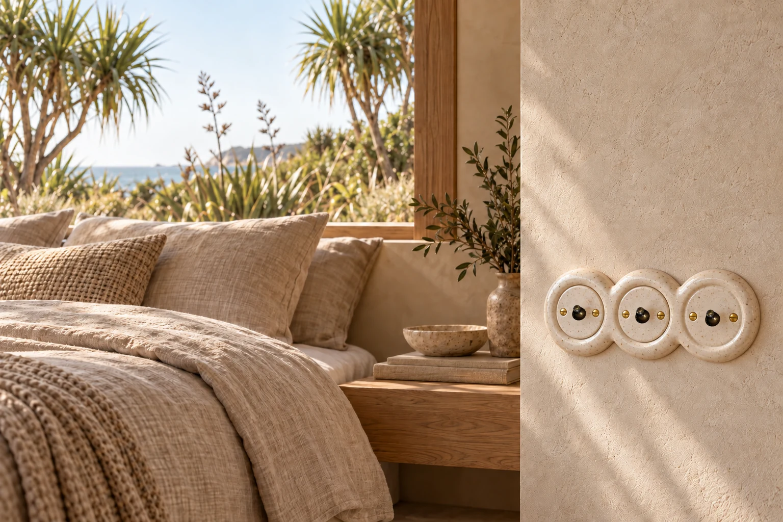 Three ivory ceramic switches above the bedside table