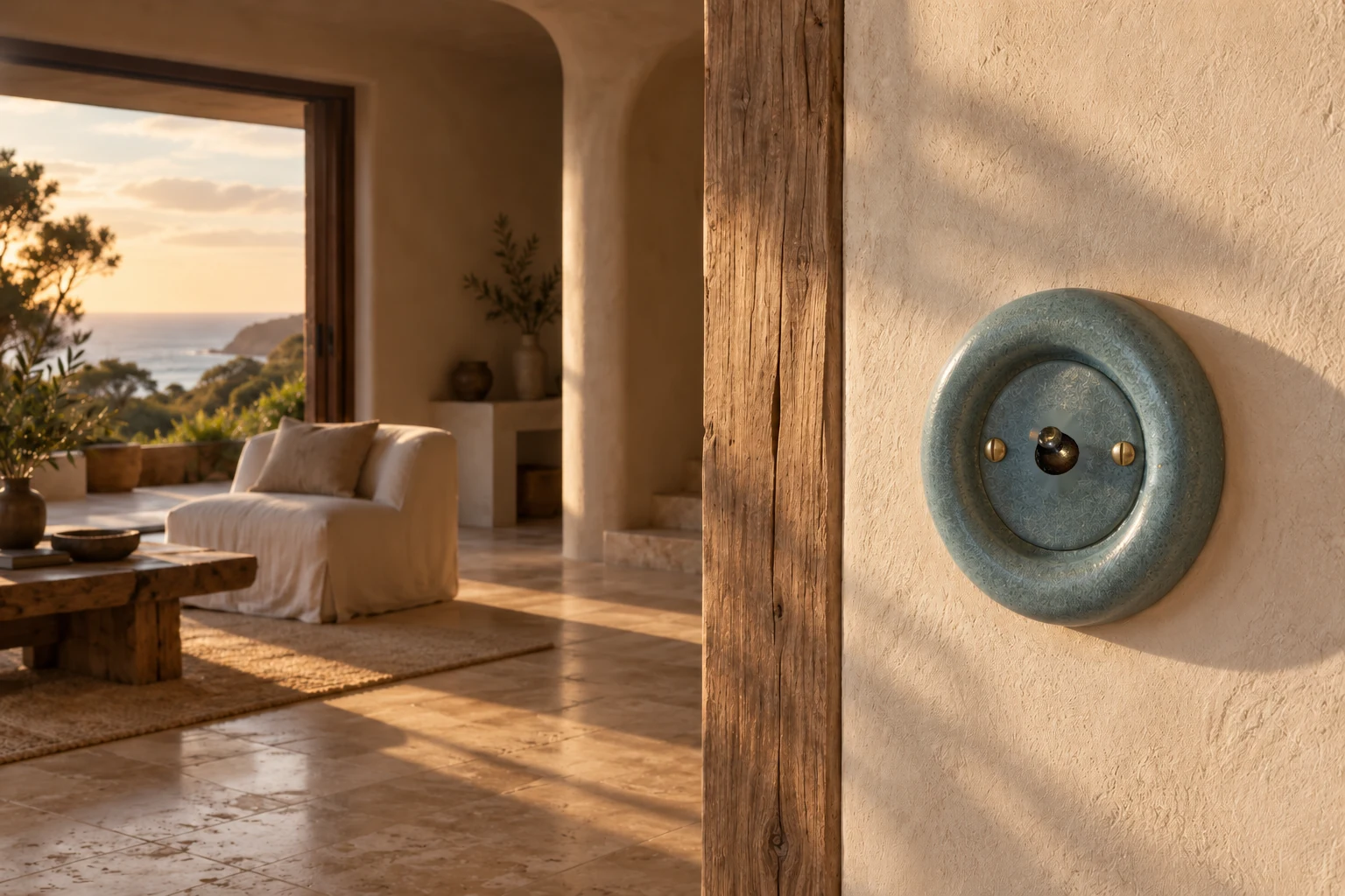 A ceramic toggle switch on the plaster wall of a sunlit architectural home