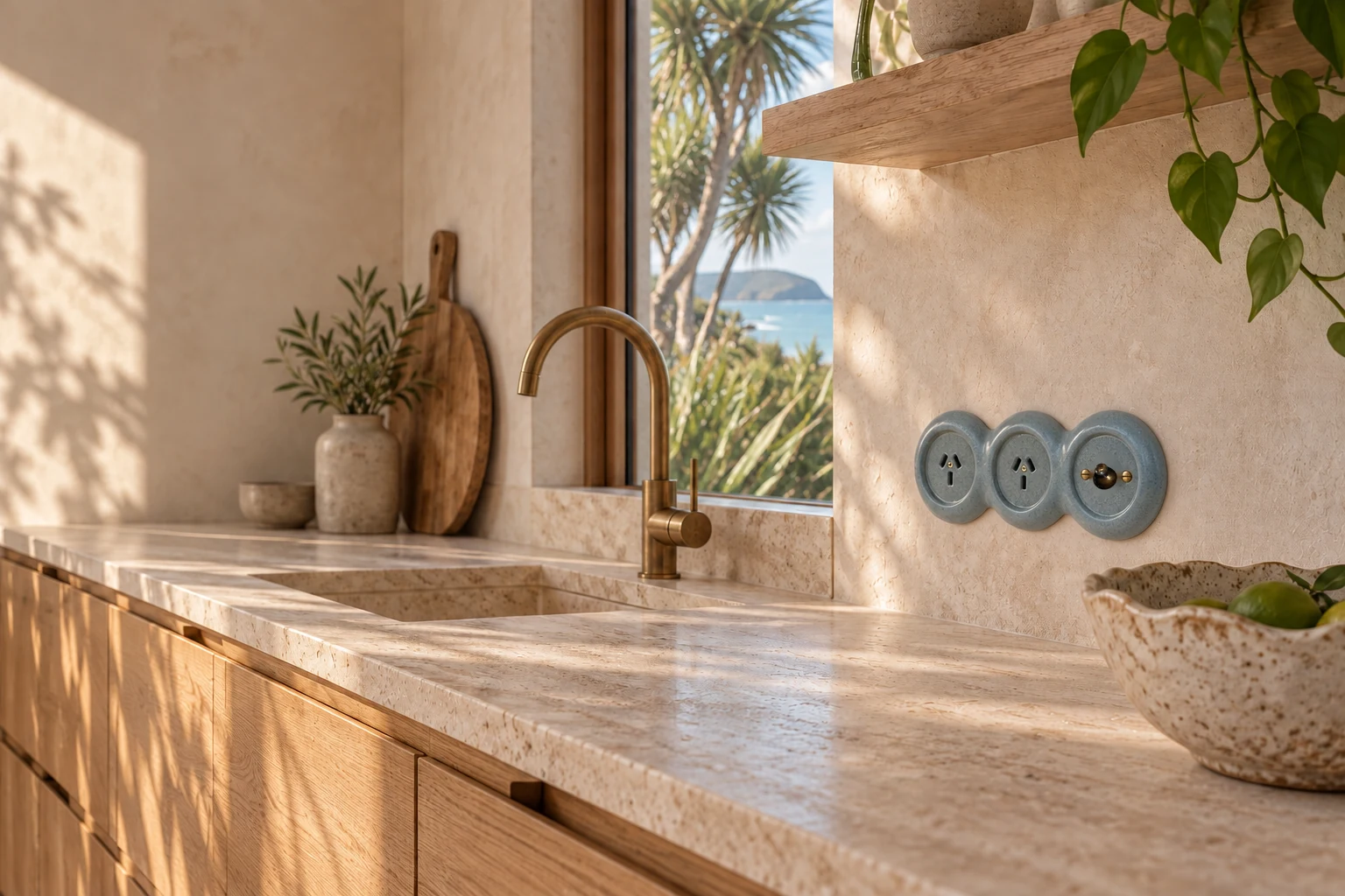 One copper toggle and two sockets in a flowing mineral ceramic fitting above a kitchen worktop