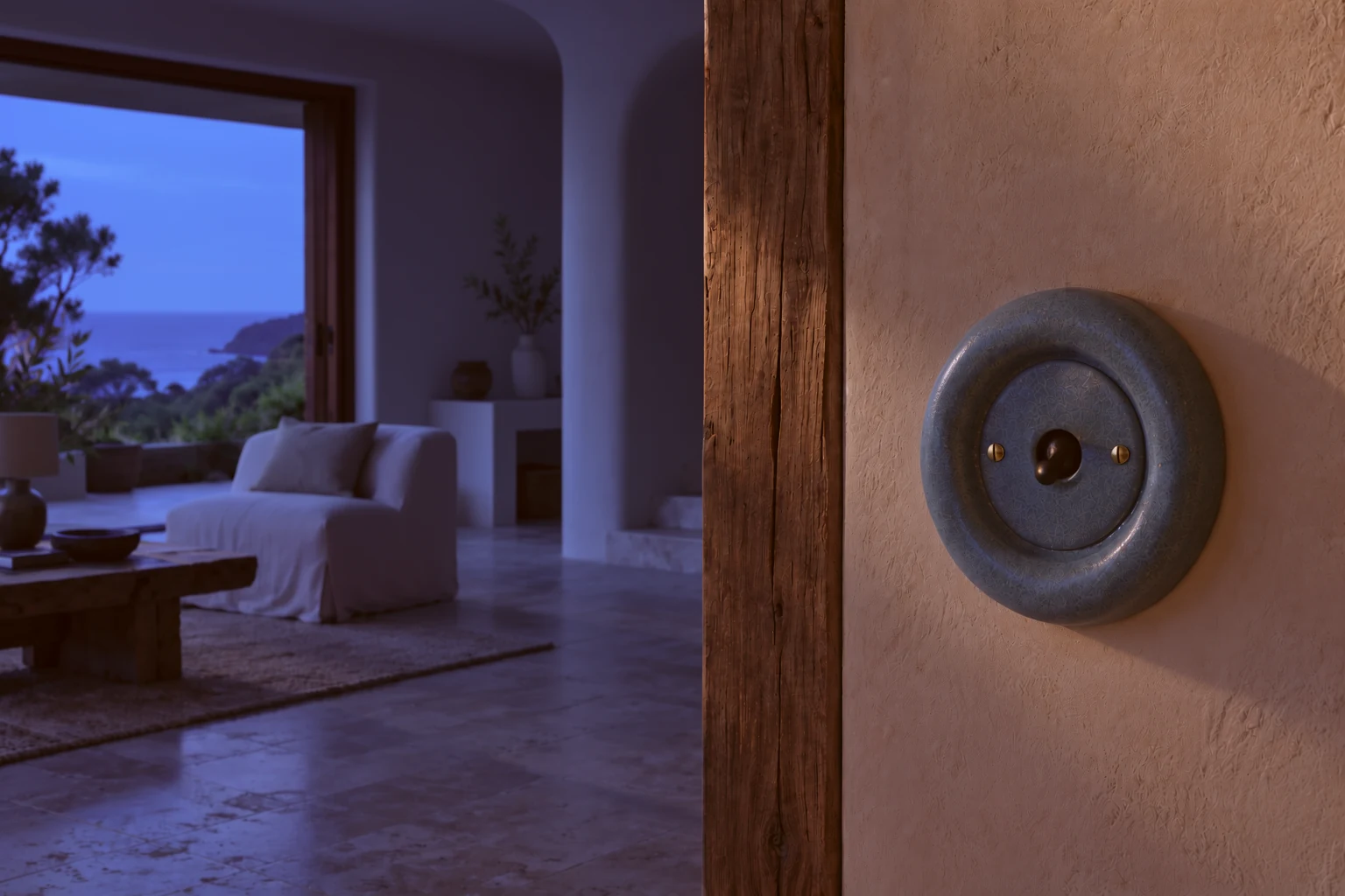 The room at dusk with the compact toggle down and electric lights off