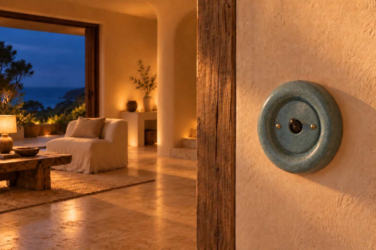 The same room with the compact toggle up and warm lights on